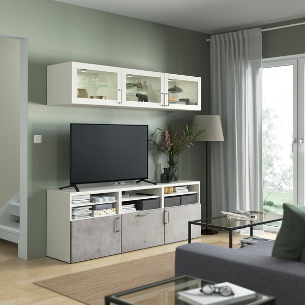 BESTÅ - BESTÅ TV storage combination/glass doors, white Sindvik/Kallviken light grey, 180x42x192 cm