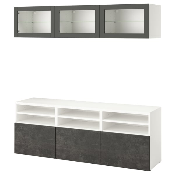 BESTÅ TV storage combination/glass doors, white Sindvik/Kallviken dark grey, 180x42x192 cm