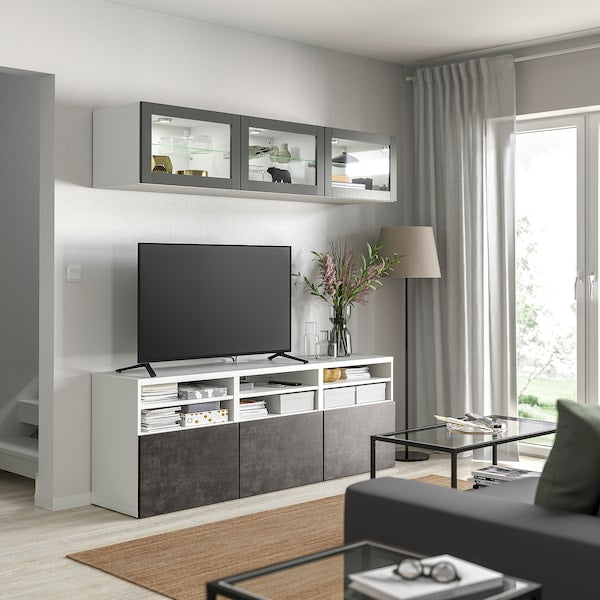 BESTÅ - TV storage combination/glass doors, white Sindvik/Kallviken dark grey, 180x42x192 cm