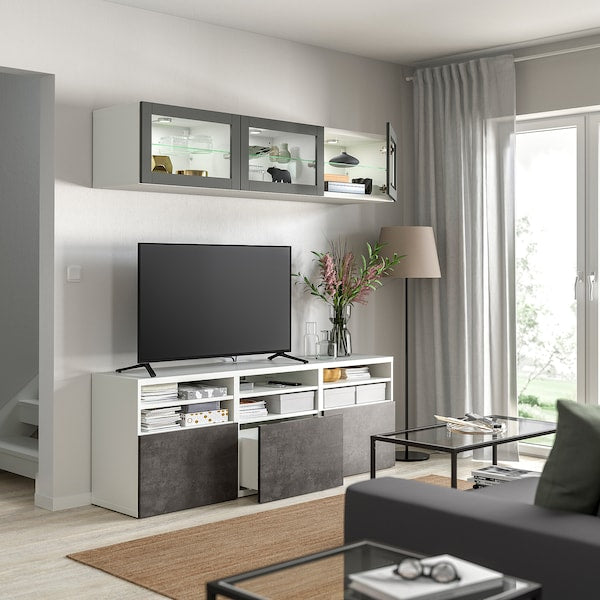 BESTÅ - TV storage combination/glass doors, white Sindvik/Kallviken dark grey, 180x42x192 cm