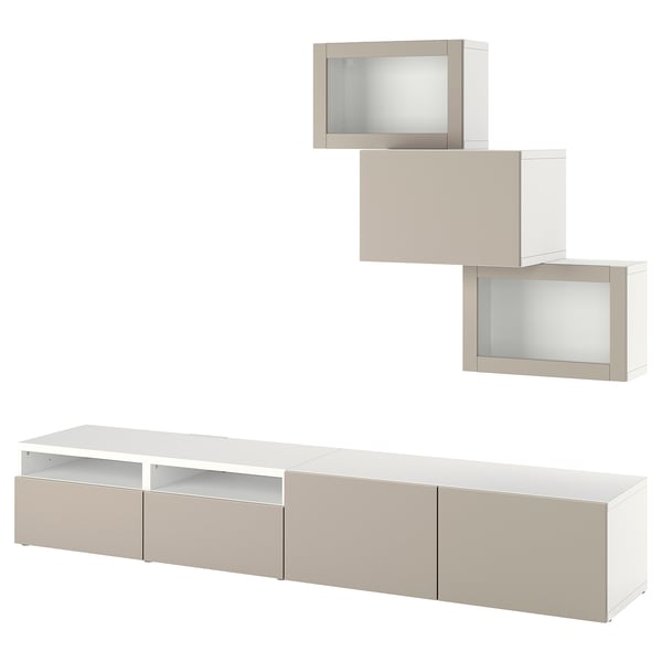 BESTÅ - BESTÅ TV storage combination/glass doors, white Sindvik/Lappviken light grey-beige, 240x42x190 cm