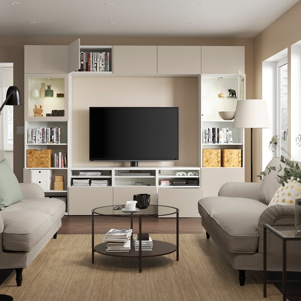 BESTÅ - BESTÅ TV storage combination/glass doors, white Sindvik/Lappviken light grey/beige, 300x42x231 cm
