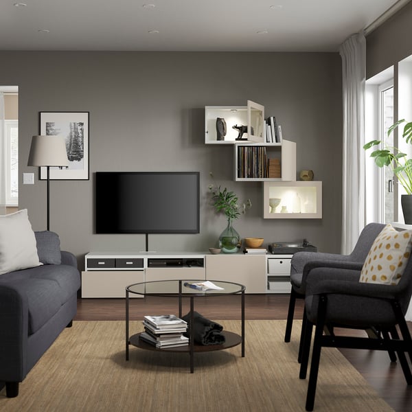 BESTÅ - BESTÅ TV storage combination/glass doors, white Sindvik/Lappviken light grey-beige, 240x42x190 cm