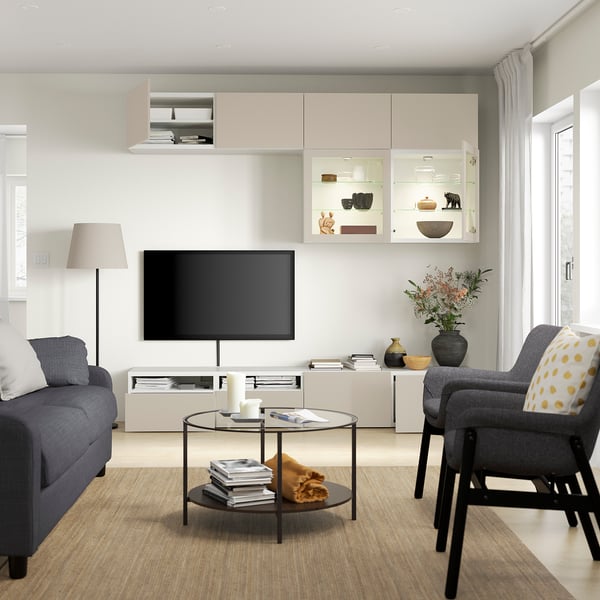 BESTÅ TV storage combination/glass doors, white Sindvik/Lappviken light grey/beige, 240x42x231 cm
