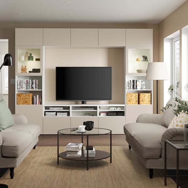BESTÅ - BESTÅ TV storage combination/glass doors, white Sindvik/Lappviken light grey/beige, 300x42x231 cm