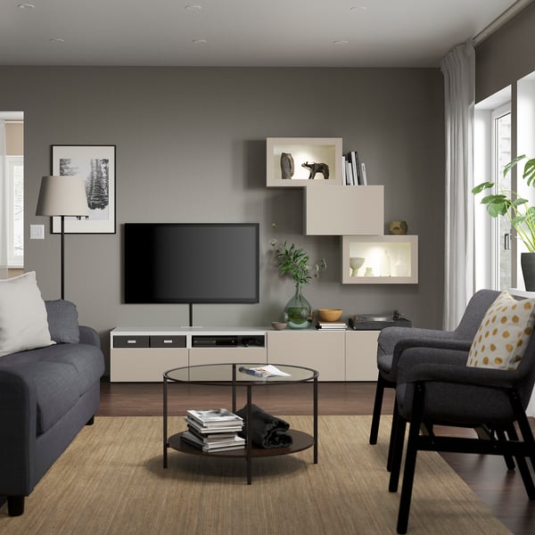 BESTÅ - BESTÅ TV storage combination/glass doors, white Sindvik/Lappviken light grey-beige, 240x42x190 cm