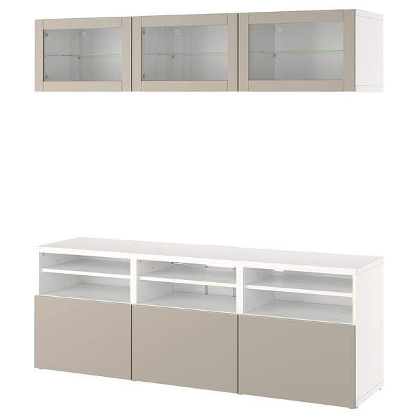 BESTÅ TV storage combination/glass doors, white Sindvik/Lappviken light grey/beige, 180x42x192 cm