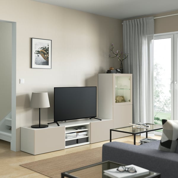 BESTÅ - BESTÅ TV storage combination/glass doors, white Sindvik/Lappviken light grey/beige, 240x42x129 cm