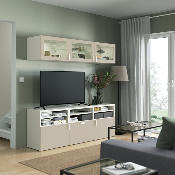 BESTÅ - BESTÅ TV storage combination/glass doors, white Sindvik/Lappviken light grey/beige, 180x42x192 cm