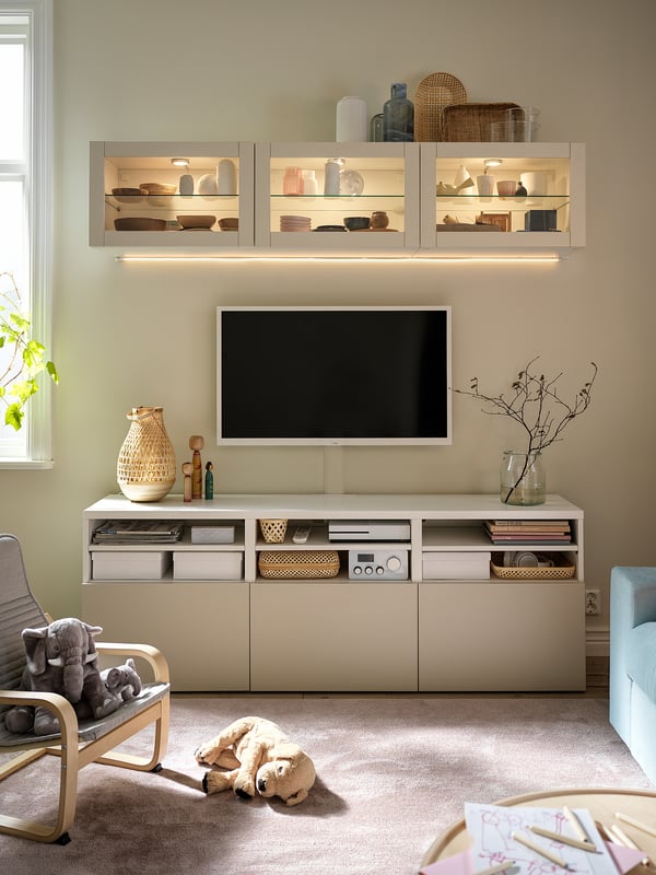 BESTÅ - BESTÅ TV storage combination/glass doors, white Sindvik/Lappviken light grey/beige, 180x42x192 cm