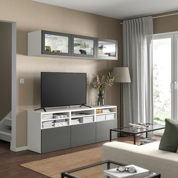 Ikea BESTÅ - TV storage combination/glass doors, white Sindvik/Lappviken dark grey, 180x42x192 cm