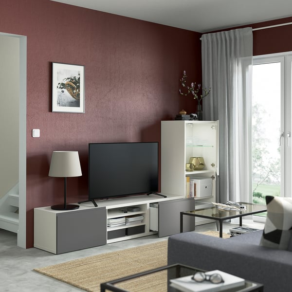 BESTÅ - BESTÅ TV storage combination/glass doors, white Sindvik/Västerviken dark grey, 240x42x129 cm