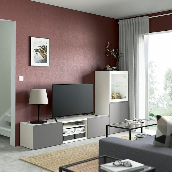 BESTÅ - TV storage combination/glass doors, white Sindvik/Västerviken grey, 240x42x129 cm