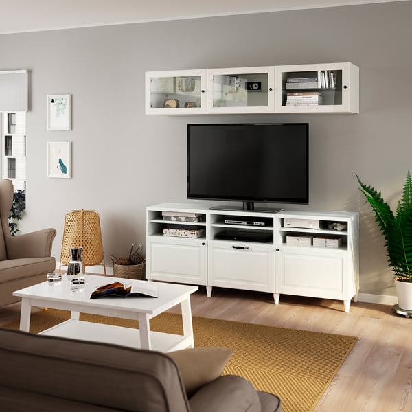 BESTÅ - BESTÅ TV storage combination/glass doors, white/Smeviken/Kabbarp white clear glass, 180x42x192 cm