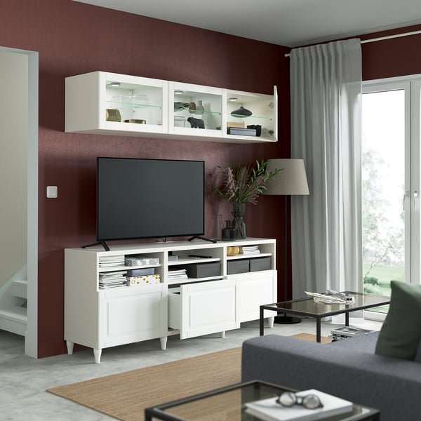 BESTÅ TV storage combination/glass doors, white/Smeviken/Kabbarp white clear glass, 180x42x192 cm