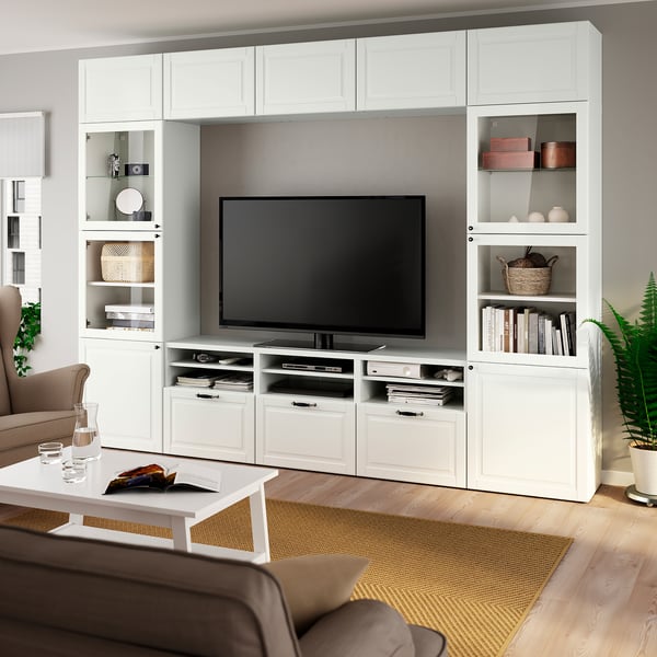 BESTÅ TV storage combination/glass doors, white Smeviken/Ostvik white clear glass, 300x42x231 cm