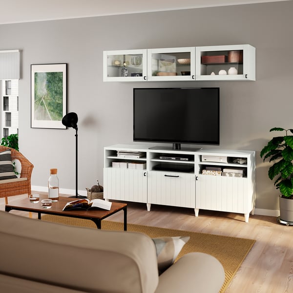 BESTÅ - BESTÅ TV storage combination/glass doors, white/Sutterviken/Kabbarp white clear glass, 180x42x192 cm