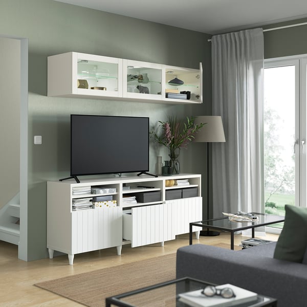 BESTÅ - BESTÅ TV storage combination/glass doors, white/Sutterviken/Kabbarp white clear glass, 180x42x192 cm