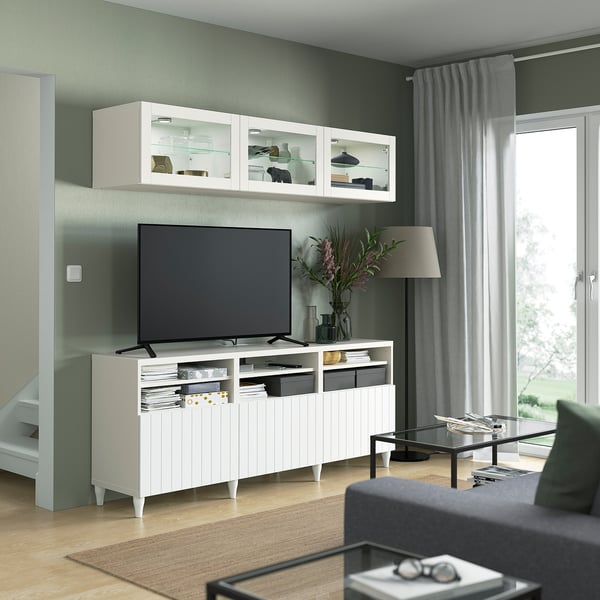BESTÅ - BESTÅ TV storage combination/glass doors, white/Sutterviken/Kabbarp white clear glass, 180x42x192 cm