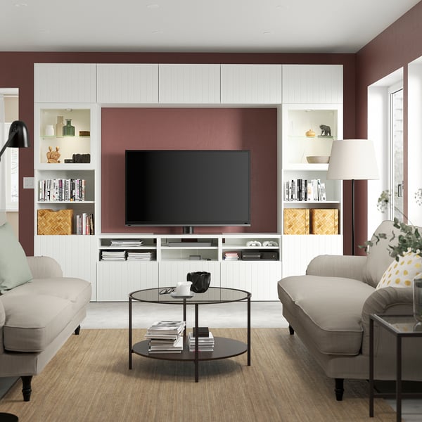 BESTÅ TV storage combination/glass doors, white Sutterviken/Sindvik white clear glass, 300x42x231 cm