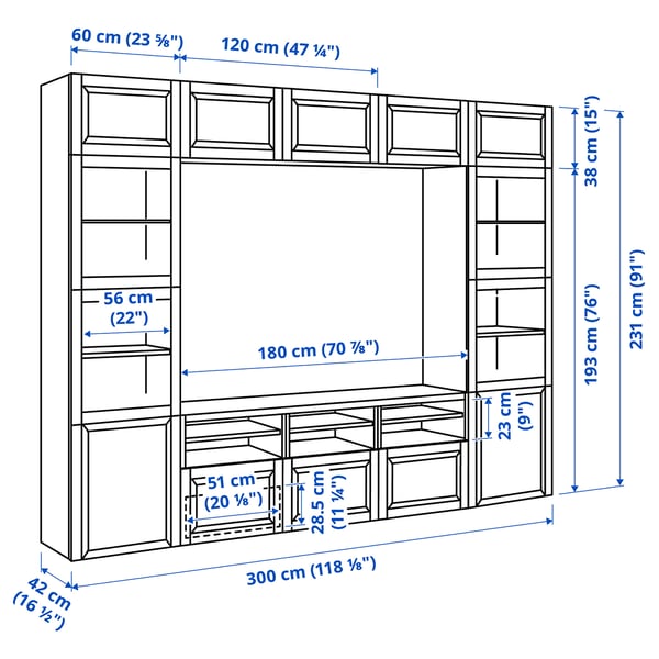 BESTÅ TV storage combination/glass doors, white Sutterviken/Sindvik white clear glass, 300x42x231 cm
