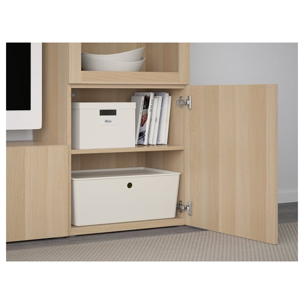 BESTÅ - BESTÅ TV storage combination/glass doors, white stained oak effect/Lappviken white stained oak eff clear glass, 240x42x129 cm