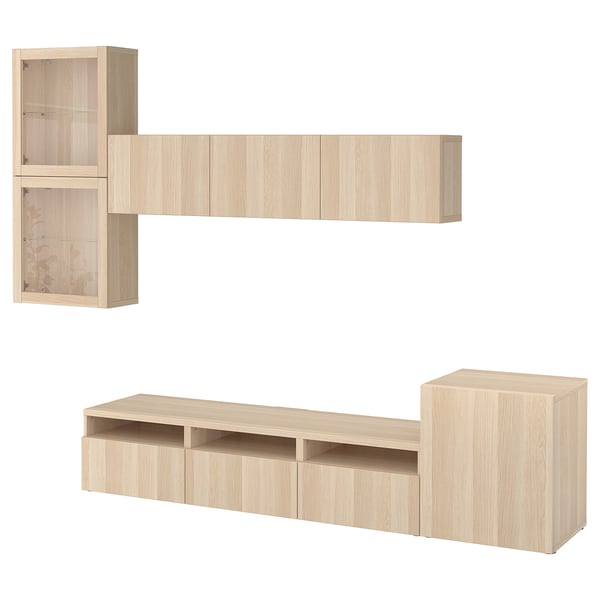 BESTÅ - BESTÅ TV storage combination/glass doors, white stained oak effect/Lappviken white stained oak eff clear glass, 300x42x211 cm