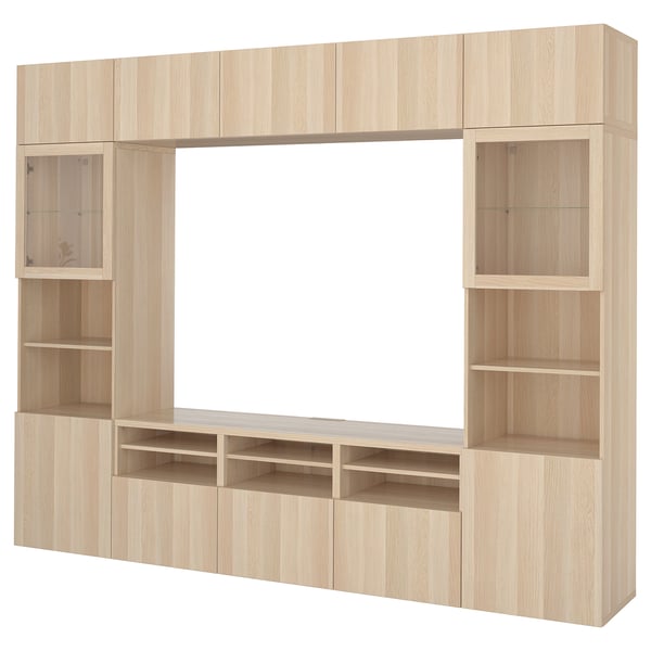 BESTÅ - BESTÅ TV storage combination/glass doors, white stained oak effect/Lappviken white stained oak eff clear glass, 300x42x231 cm