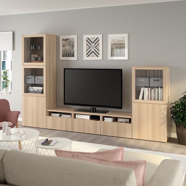 BESTÅ - BESTÅ TV storage combination/glass doors, white stained oak effect/Lappviken white stained oak eff clear glass, 300x42x193 cm