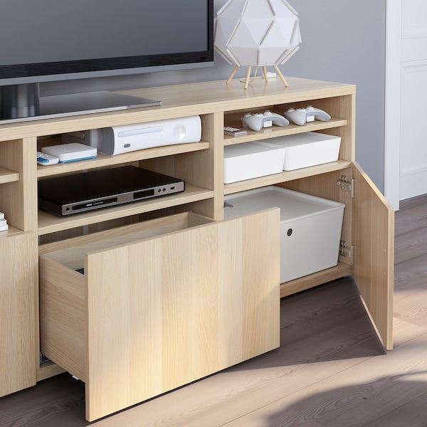 BESTÅ - TV storage combination/glass doors, white stained oak effect/Lappviken white stained oak eff clear glass, 180x42x192 cm