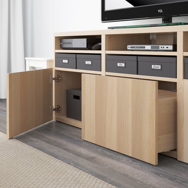 BESTÅ - BESTÅ TV storage combination/glass doors, white stained oak effect/Lappviken white stained oak eff clear glass, 180x42x192 cm