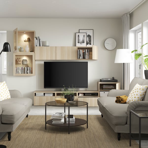 BESTÅ - BESTÅ TV storage combination/glass doors, white stained oak effect/Lappviken white stained oak eff clear glass, 300x42x211 cm