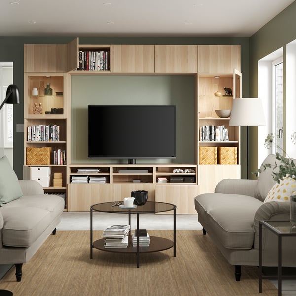 BESTÅ - BESTÅ TV storage combination/glass doors, white stained oak effect/Lappviken white stained oak eff clear glass, 300x42x231 cm