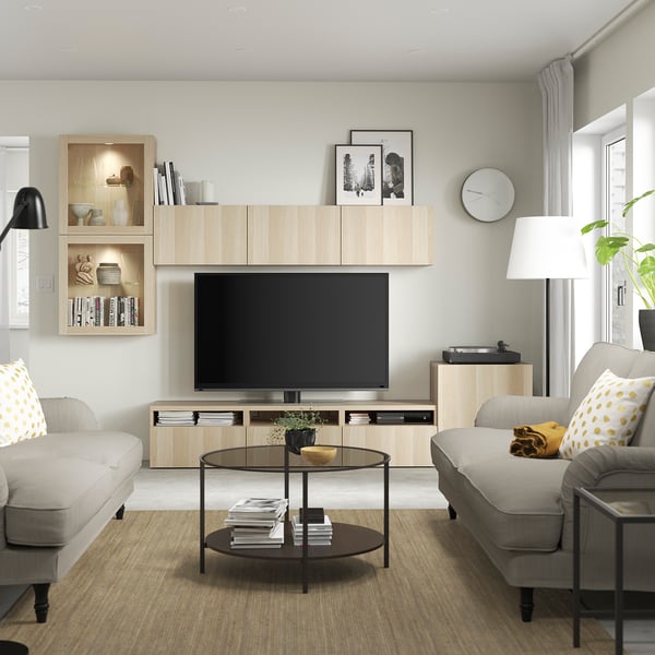 BESTÅ - BESTÅ TV storage combination/glass doors, white stained oak effect/Lappviken white stained oak eff clear glass, 300x42x211 cm