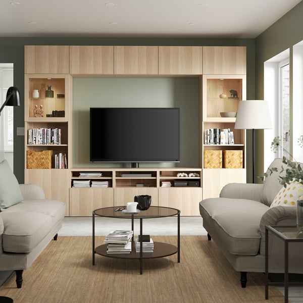 BESTÅ - BESTÅ TV storage combination/glass doors, white stained oak effect/Lappviken white stained oak eff clear glass, 300x42x231 cm