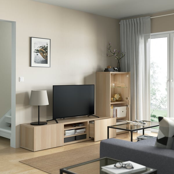 BESTÅ - BESTÅ TV storage combination/glass doors, white stained oak effect/Lappviken white stained oak eff clear glass, 240x42x129 cm