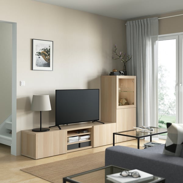 BESTÅ - BESTÅ TV storage combination/glass doors, white stained oak effect/Lappviken white stained oak eff clear glass, 240x42x129 cm