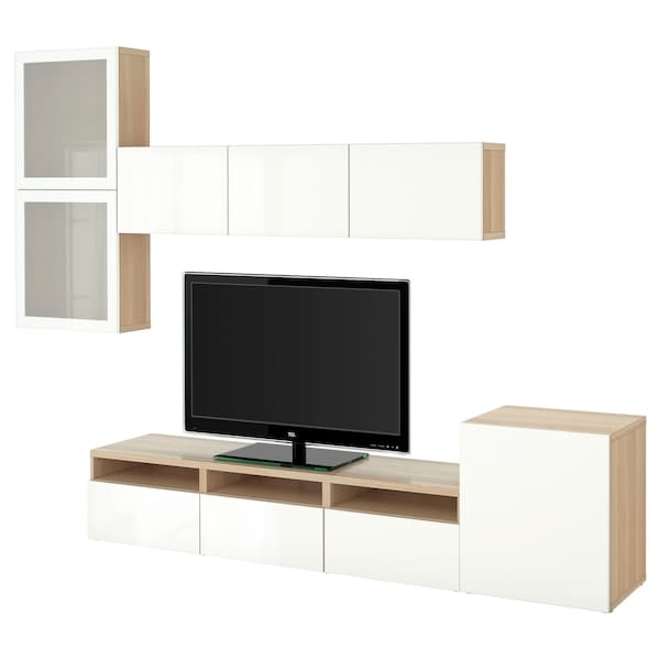 Ikea BESTÅ - TV/glass combination, oak effect with white stain/Selsviken gloss/white frosted glass,300x42x211 cm