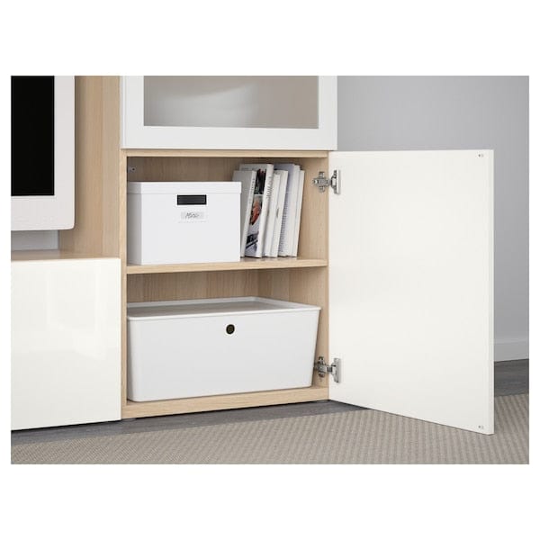 Ikea BESTÅ - TV/glass combination, oak effect with white stain/Selsviken glossy/white frosted glass,240x42x129 cm