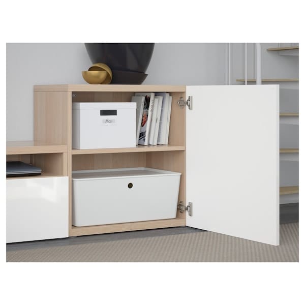 Ikea BESTÅ - TV/glass combination, oak effect with white stain/Selsviken gloss/white frosted glass,300x42x211 cm
