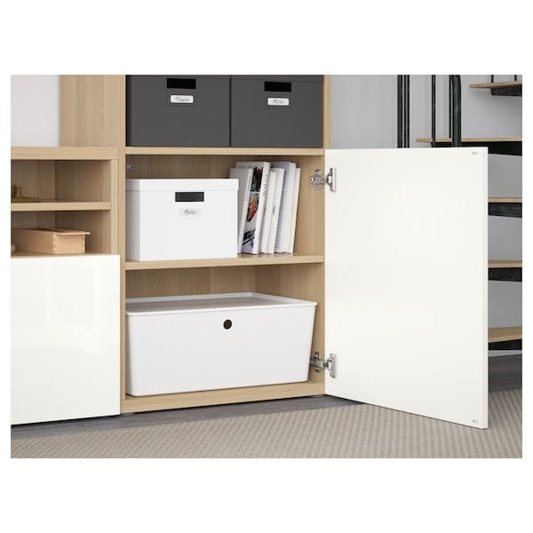 Ikea BESTÅ - TV/glass combination, oak effect with white stain/Selsviken glossy/white frosted glass,300x42x231 cm