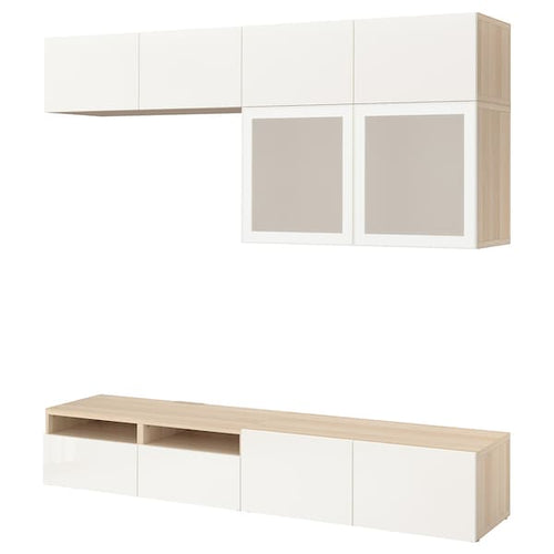 BESTÅ TV storage combination/glass doors, white stained oak effect/Selsviken high-gloss/white frosted glass, 240x231x42 cm