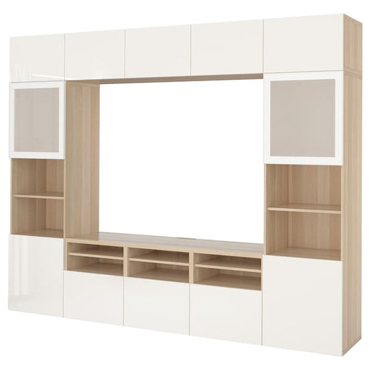 Ikea BESTÅ - TV/glass combination, oak effect with white stain/Selsviken glossy/white frosted glass,300x42x231 cm