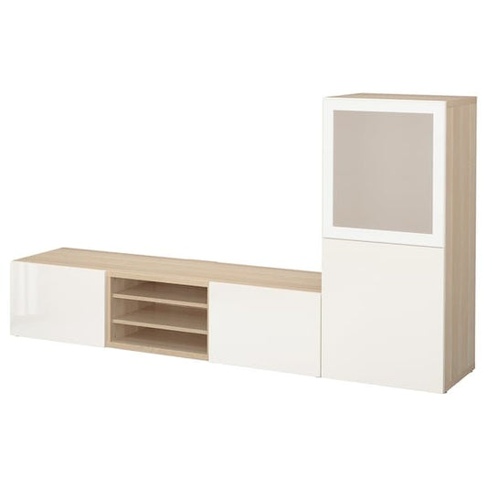 Ikea BESTÅ - TV/glass combination, oak effect with white stain/Selsviken glossy/white frosted glass,240x42x129 cm