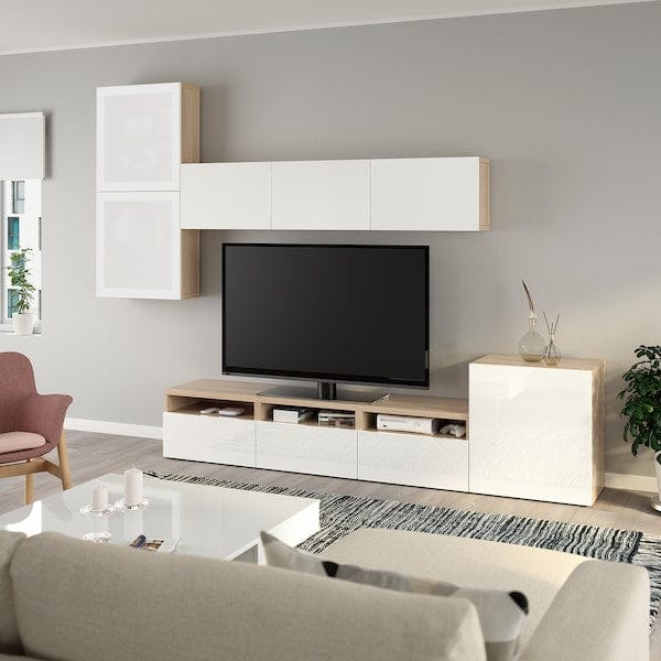 Ikea BESTÅ - TV/glass combination, oak effect with white stain/Selsviken gloss/white frosted glass,300x42x211 cm