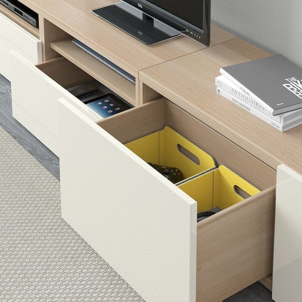 Ikea BESTÅ - TV/glass combination, oak effect with white stain/Selsviken glossy/white frosted glass,240x42x231 cm