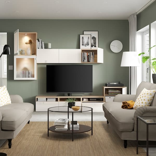 Ikea BESTÅ - TV/glass combination, oak effect with white stain/Selsviken gloss/white frosted glass,300x42x211 cm