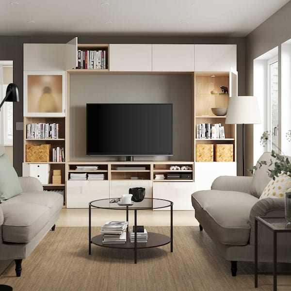 Ikea BESTÅ - TV/glass combination, oak effect with white stain/Selsviken glossy/white frosted glass,300x42x231 cm