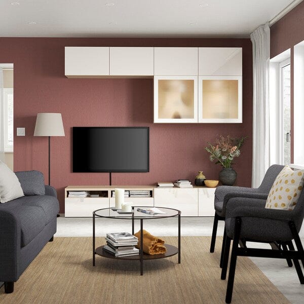 Ikea BESTÅ - TV/glass combination, oak effect with white stain/Selsviken glossy/white frosted glass,240x42x231 cm