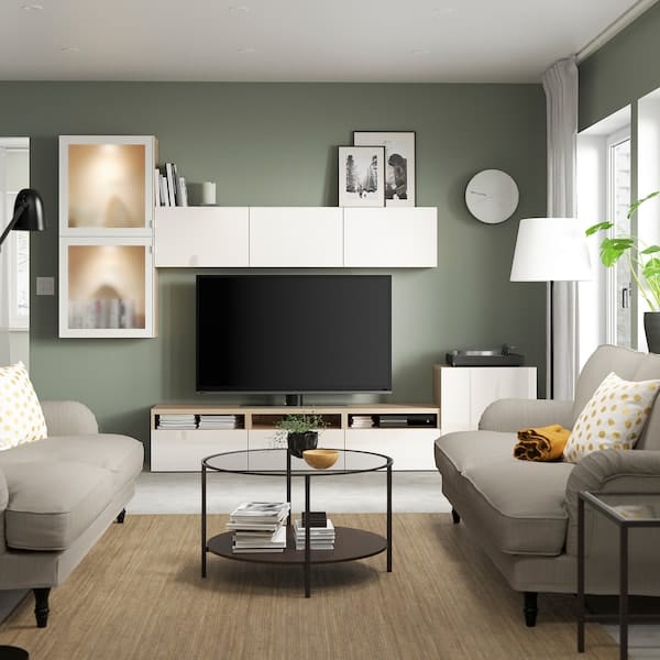 Ikea BESTÅ - TV/glass combination, oak effect with white stain/Selsviken gloss/white frosted glass,300x42x211 cm
